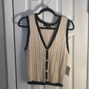 Cable Knit Sleeveless Cardigan with Black Trim